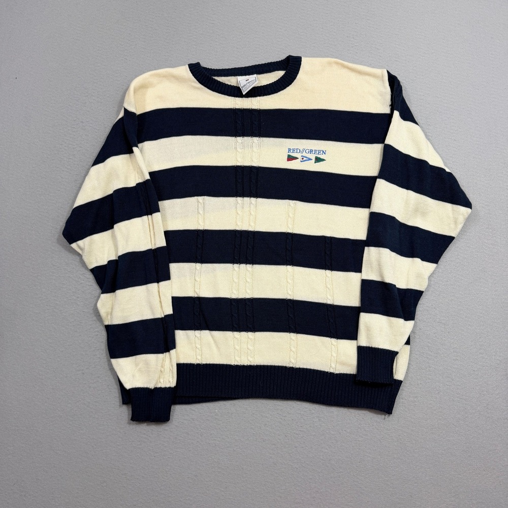 Vintage Red Green Sweater Mens XL White Blue Striped Cable Knit Nautical Denmark